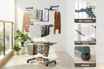 Clothes Drying Rack 4-Tier Foldable Metal Laundry Rack with Rolling Casters, Holds 30+ Garments, Adjustable Shelf Heights