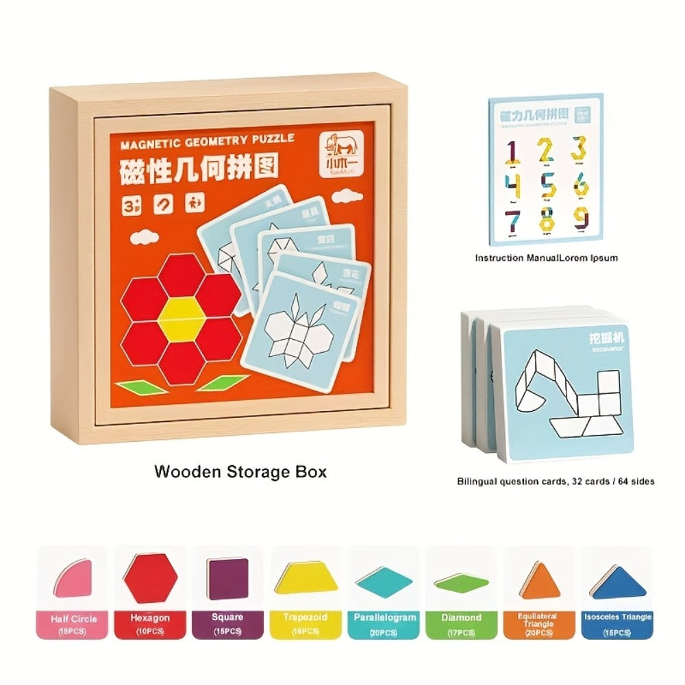 Magnetic Wooden Puzzle Board for Kids, 128/180/220/280 PCS Geometric Shape Recognition & Logical Thinking Toy