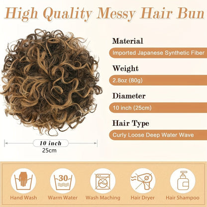 Drawstring Messy Bun Hair Extension 80g Curly Ponytail Voluminous Loose Bun Hairpiece for Women Thinning Hair Natural Look Black Brown