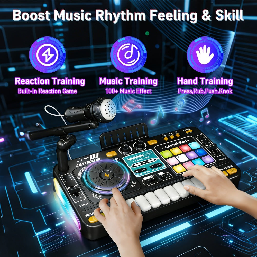 Kids DJ Mixer Toy Set with LED Lights, Microphone & Piano Keys, 100+ Sound Effects, Disco Mode, Rechargeable