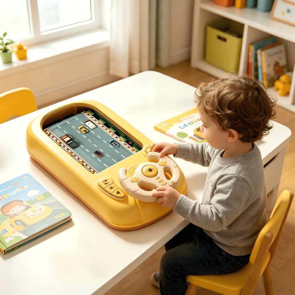 Electronic Racing Steering Wheel Game Toy with 200 Pictured Levels, Two Speeds and Yellow or Green Options
