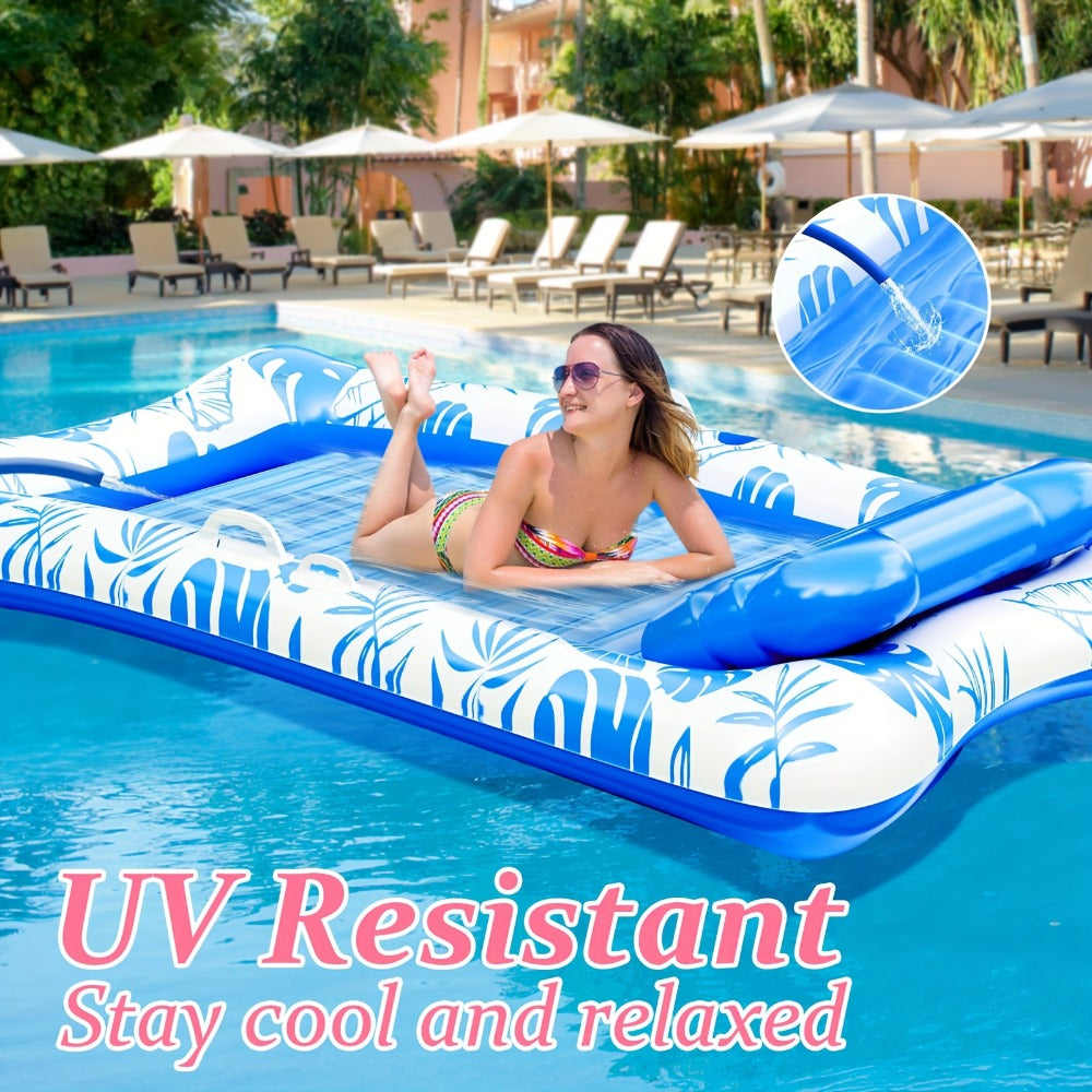 Blue-and-White Inflatable Pool Mattress with Removable Headrest, Cup Holder and 83.5 x 52.4-Inch Base