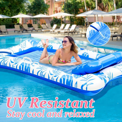 Blue-and-White Inflatable Pool Mattress with Removable Headrest, Cup Holder and 83.5 x 52.4-Inch Base