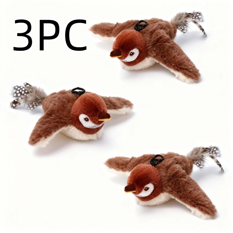 Flying Sparrow Cat Toy with Flapping Wings & Chirping Sound – USB Rechargeable Plush Bird Cat Toy, Touch-Start Interactive Feather Toy