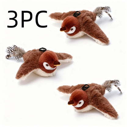 Flying Sparrow Cat Toy with Flapping Wings & Chirping Sound – USB Rechargeable Plush Bird Cat Toy, Touch-Start Interactive Feather Toy