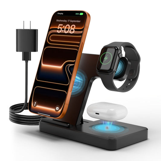 Foldable 3-in-1 Wireless Charging Station with LED Indicator & Anti-Slip Fast Charge for iPhone 17 16 15 14 13 12 11 Pro Max XR XS