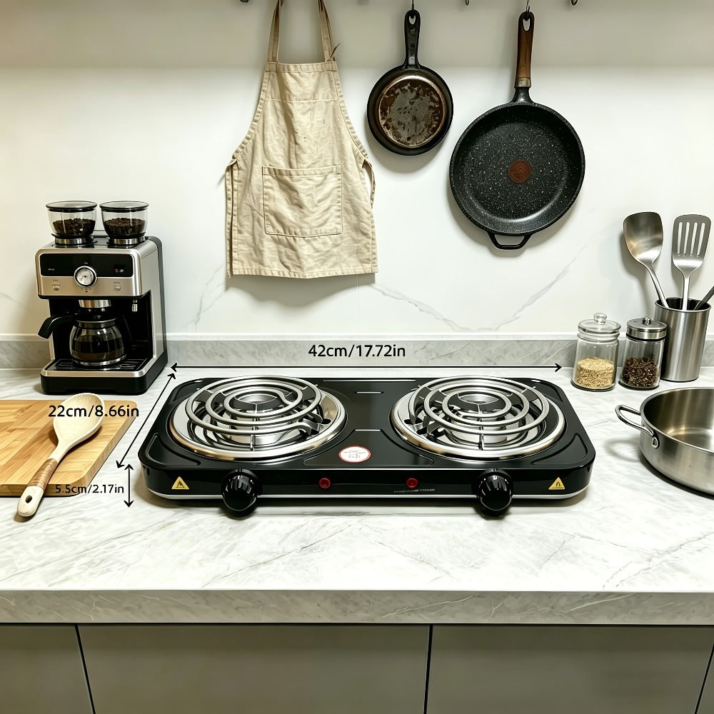 Portable Electric Stove Tabletop Double Burner, Adjustable Rotary Temperature Control, Compact Electric Charcoal Heater for Home
