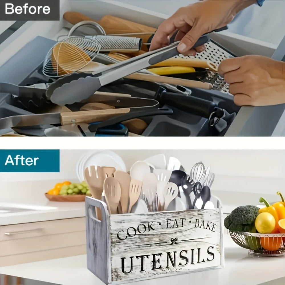 Kitchen Utensil Organizer – Extra Large Rustic Wooden Utensil Holder with 3 Compartments, Countertop & Wall Mounted Storage Rack for Cooking