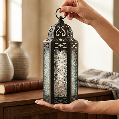 Moroccan Candle Lantern Holder - Decorative Metal & Glass Lantern with Embossed Floral Design for Indoor Home Decor