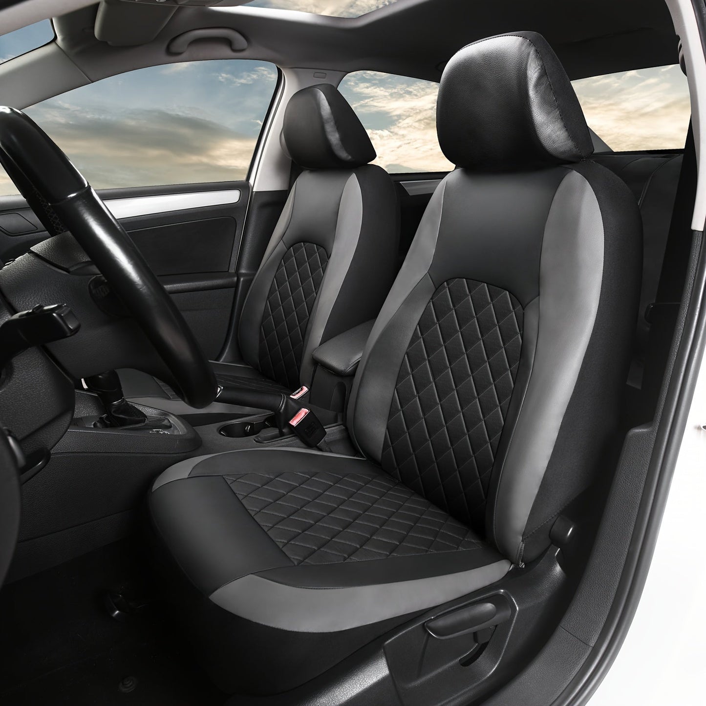 Five-Seat Quilted Car Seat Cover Set with Headrest Pieces in Black, Gray and Blue-Trim Color Options