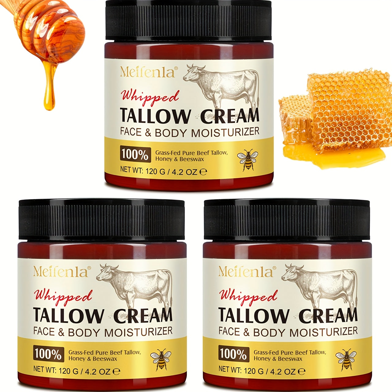 Whipped Tallow Cream 120g Grass-Fed Beef Tallow Honey Beeswax Face Body Hand Cream All Skin for Entryways, Bedrooms and Living Spaces