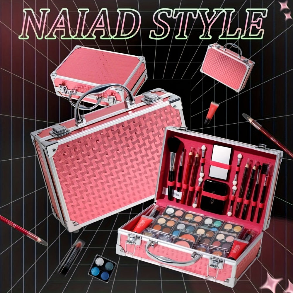 Makeup Kit 56-Piece Handled Mirror Case with Mixed Face, Eye and Lip Cosmetics in Silvery or Rose Color