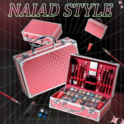 Makeup Kit 56-Piece Handled Mirror Case with Mixed Face, Eye and Lip Cosmetics in Silvery or Rose Color