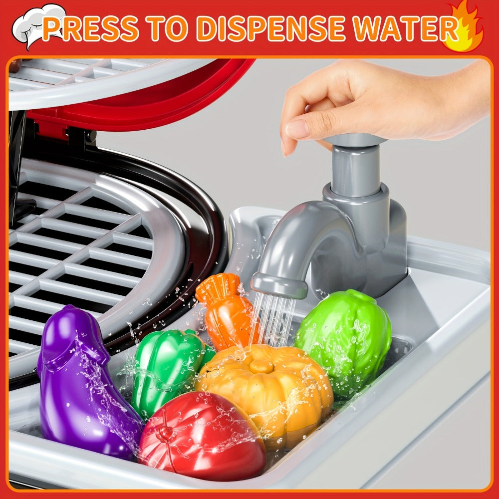 Kids BBQ Grill Playset Two-Tier with Toy Food Meats Fruits Spices & Working Water Tap for Grilling, Camping and Outdoor Meals