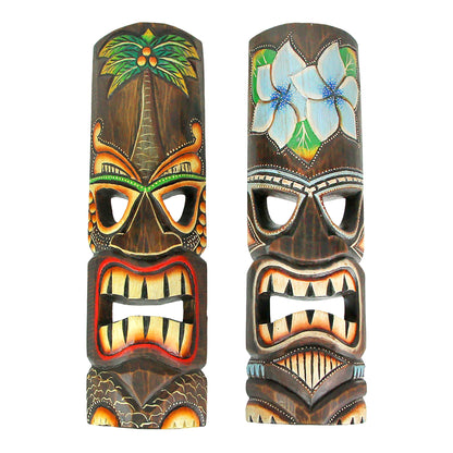Tiki Wall Masks Set of 2 – Hand Carved Wooden 20" Tropical Decor with Palm Tree & Plumeria Designs for Indoor Outdoor Patio Bar