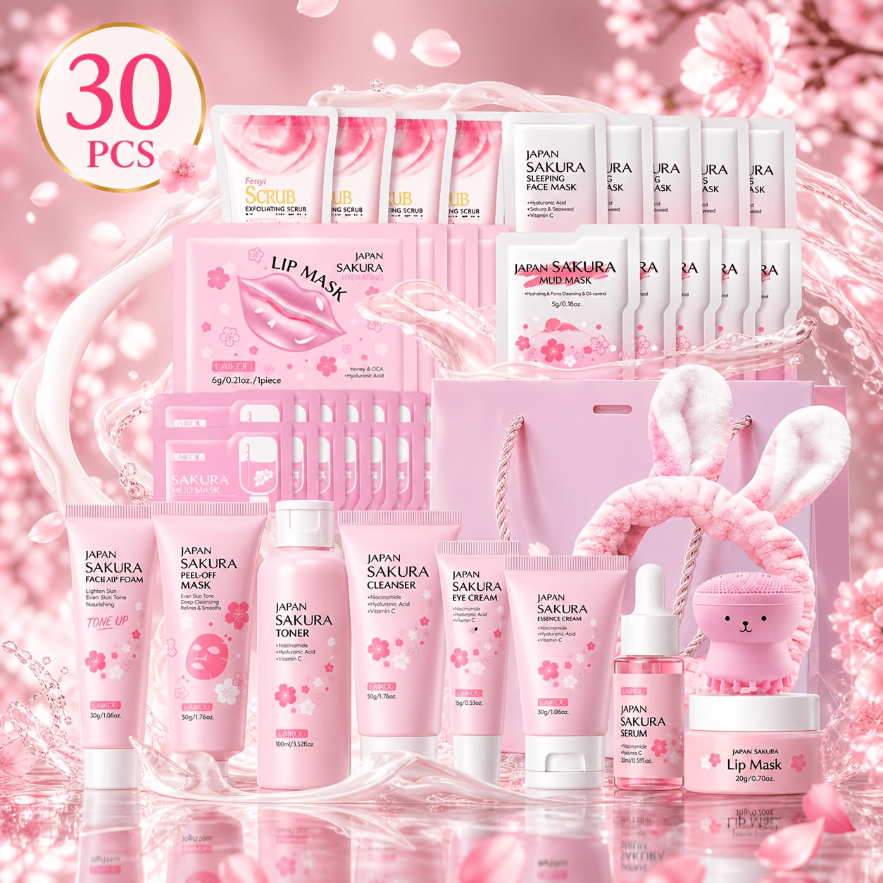 30-Piece Sakura Skincare Gift Set with Pink Face-Care Assortment, Mask Packets, Pouch and Routine Accessories