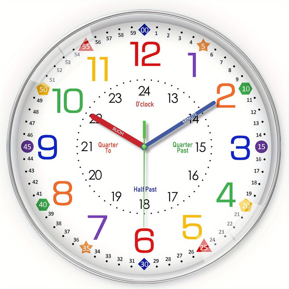 Color-Coded Learning Wall Clock in 8, 10 or 12-Inch Sizes with Minute and Quarter-Hour Markers