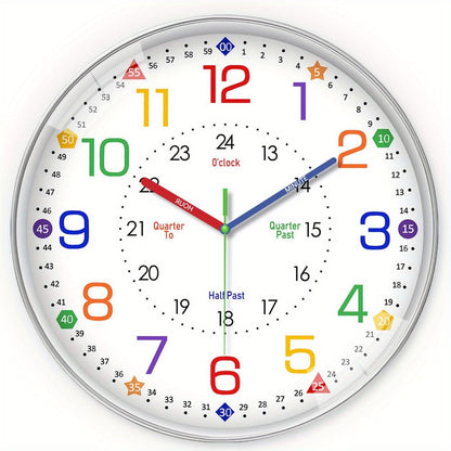 Color-Coded Learning Wall Clock in 8, 10 or 12-Inch Sizes with Minute and Quarter-Hour Markers