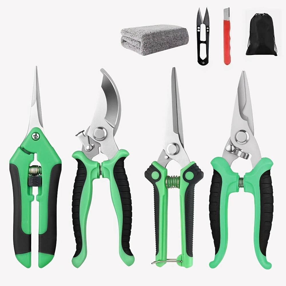 Gardening Pruning Tool Set 8 Piece Stainless Steel, Pruning Shears Scissors Pliers Handle with Wiping Cloth