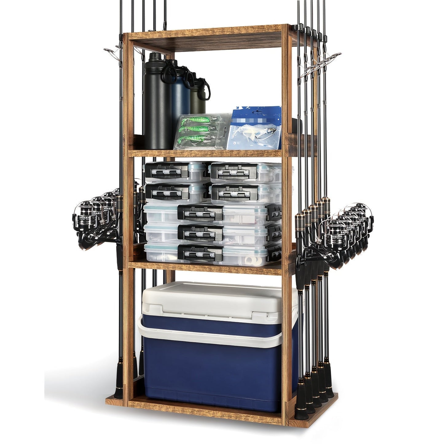 Wood Fishing Rod Holder for Garage Wall Mount – Holds Up to 10 Rods, Pole Rack with Tackle Storage Organizer, Fishing Gear Equipment Rack