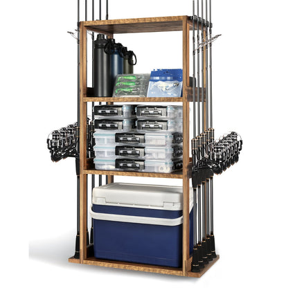 Wood Fishing Rod Holder for Garage Wall Mount – Holds Up to 10 Rods, Pole Rack with Tackle Storage Organizer, Fishing Gear Equipment Rack