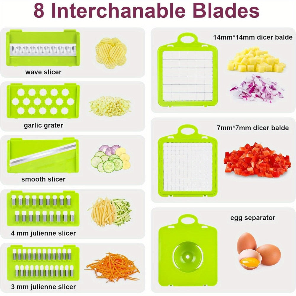 Vegetable Chopper 16-in-1 Manual Food Chopper Set, 8 Interchangeable Blades with Container, Grater & Strainer
