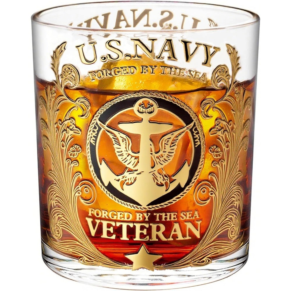 Engraved Veteran Tribute Whiskey Glass 10oz - US Navy Military Gift, Personalized Patriotic Whiskey Glasses for Dad