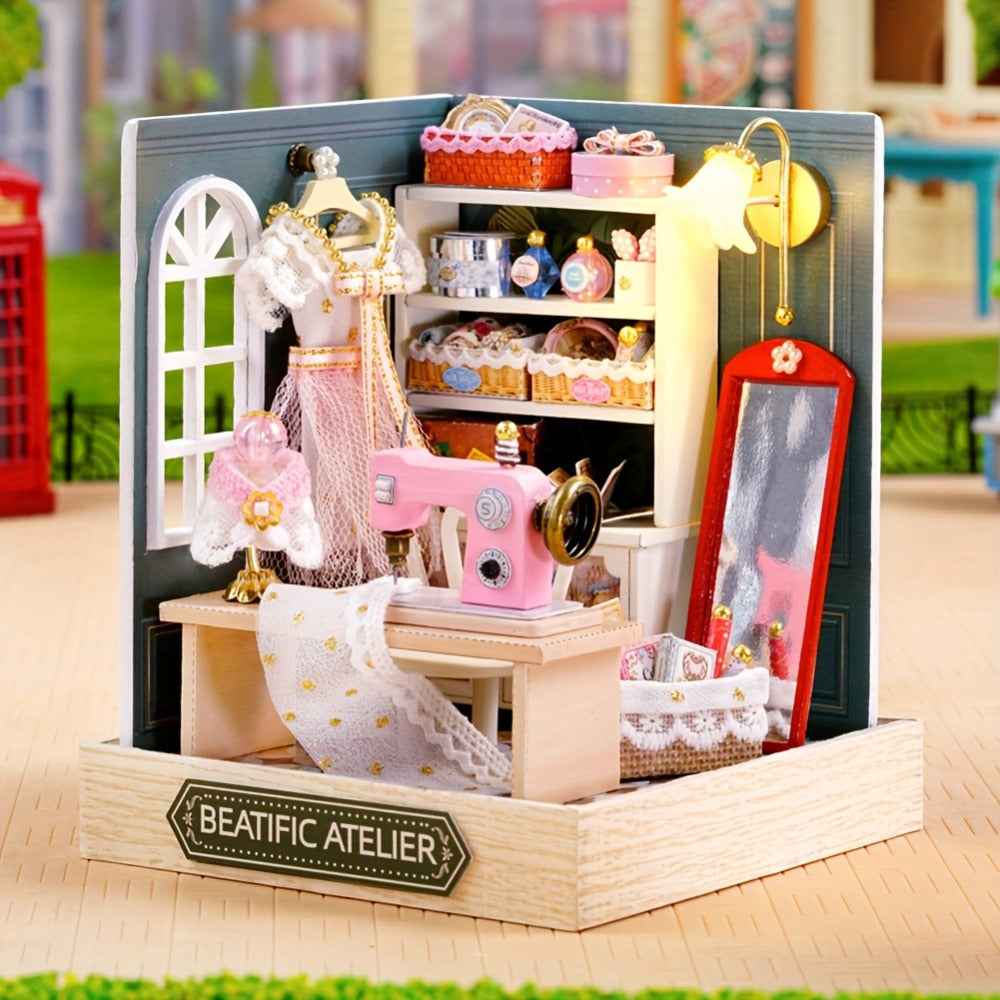 DIY Miniature Shop Dollhouse Kit with Dust Cover, Wooden Mini Store Assembly Set, 4 Themes Sakura Noodles Candy Atelier Coffee