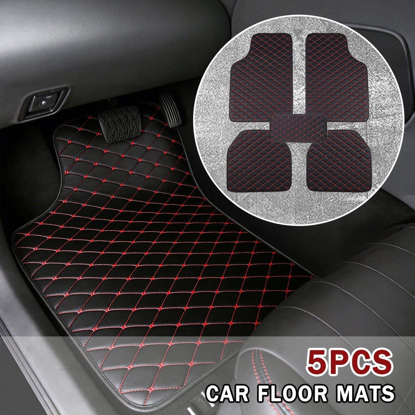 Quilted PU Car Floor Mats, Five-Piece Front and Rear Set in Red, Beige or Brown Color Options