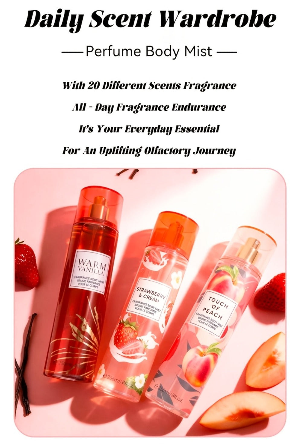 Two-Piece Fruit Scent Body Mist Set, 8 fl oz / 236ml Bottles in Nine Exact Matching Scent Options