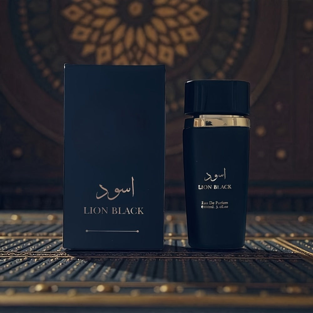 Men's Cologne Lion Black 100ml Eau de Parfum Spray in Deep Blue Cylindrical Bottle with Matching Box