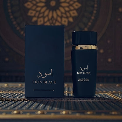 Men's Cologne Lion Black 100ml Eau de Parfum Spray in Deep Blue Cylindrical Bottle with Matching Box