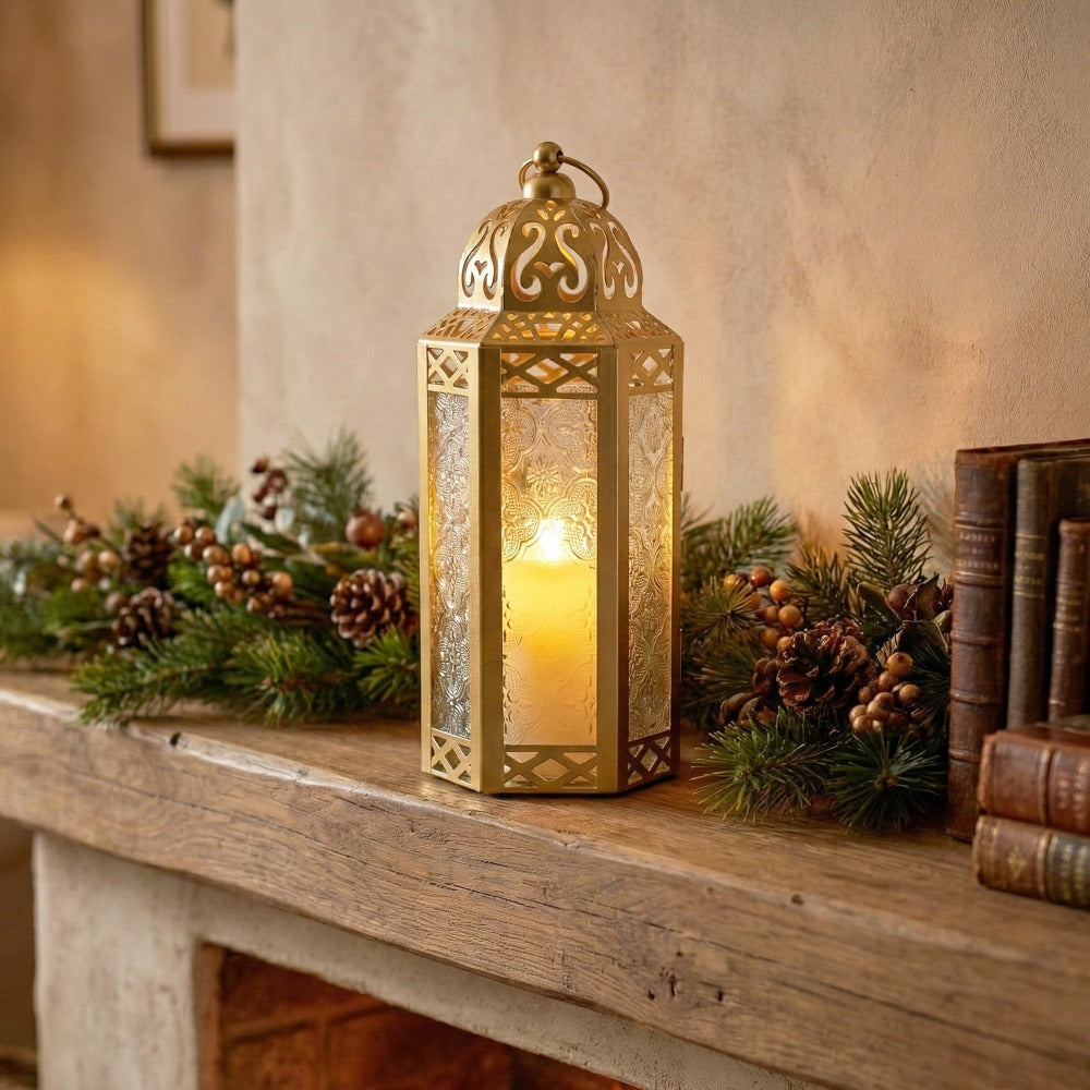Moroccan Candle Lantern Holder - Decorative Metal & Glass Lantern with Embossed Floral Design for Indoor Home Decor