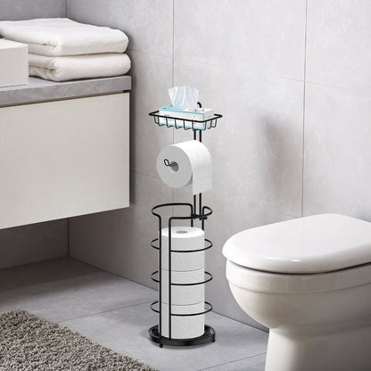Freestanding Toilet Paper Holder with Round Four-Roll Storage Cage, Upper Shelf and One- or Two-Pack Options