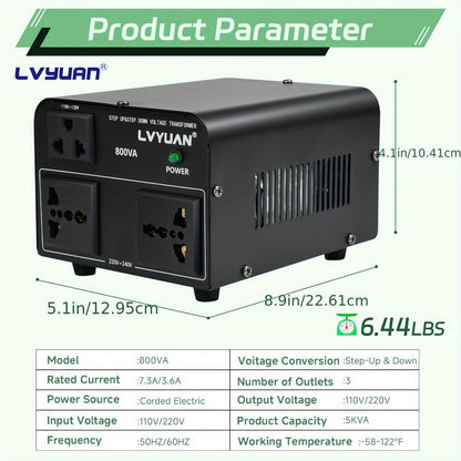 Voltage Converter Transformer 800W Continuous 5000W Peak - Step Up Step Down 110V to 220V, Aluminum Alloy Housing