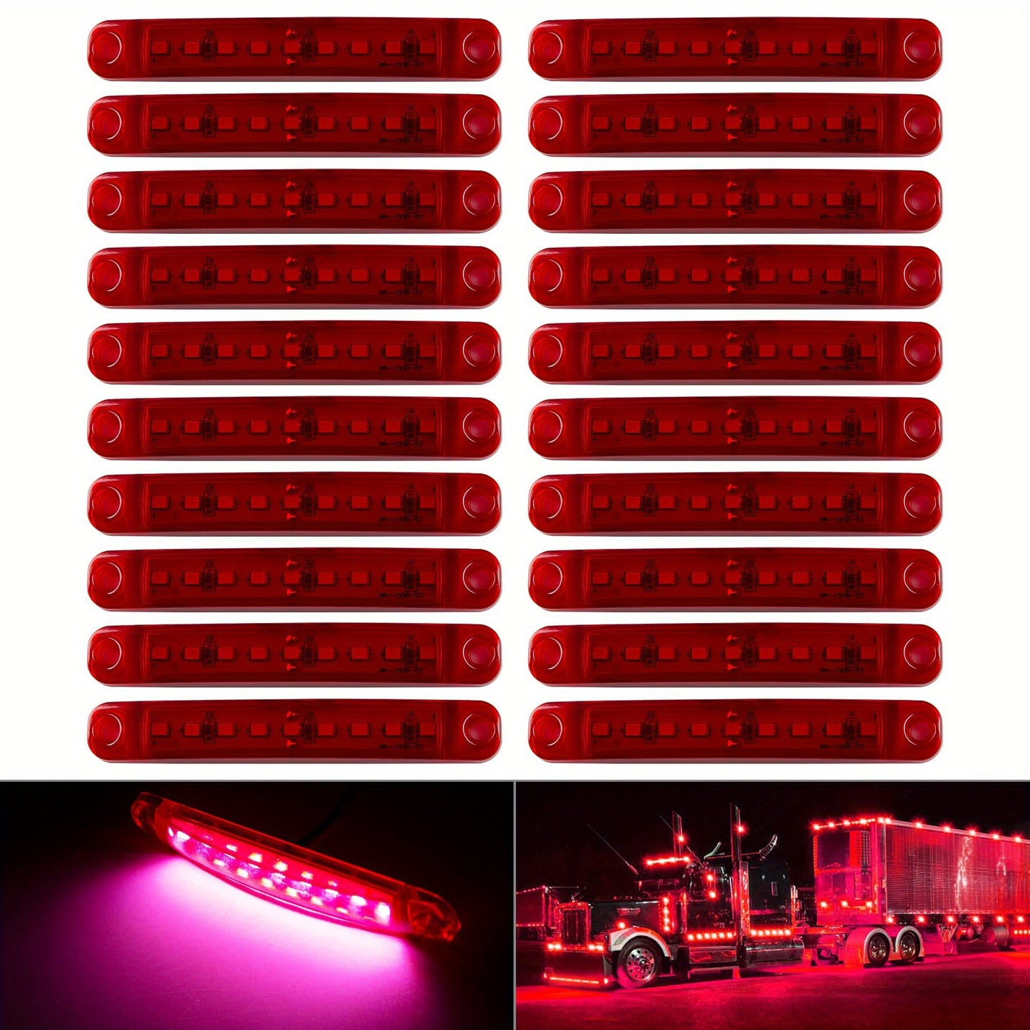 LED Side Marker Lights 20pcs, 12V 9-LED Clearance Indicator Lamp Bar for Truck Car Trailer, Waterproof Side Marker Light Kit in White Red