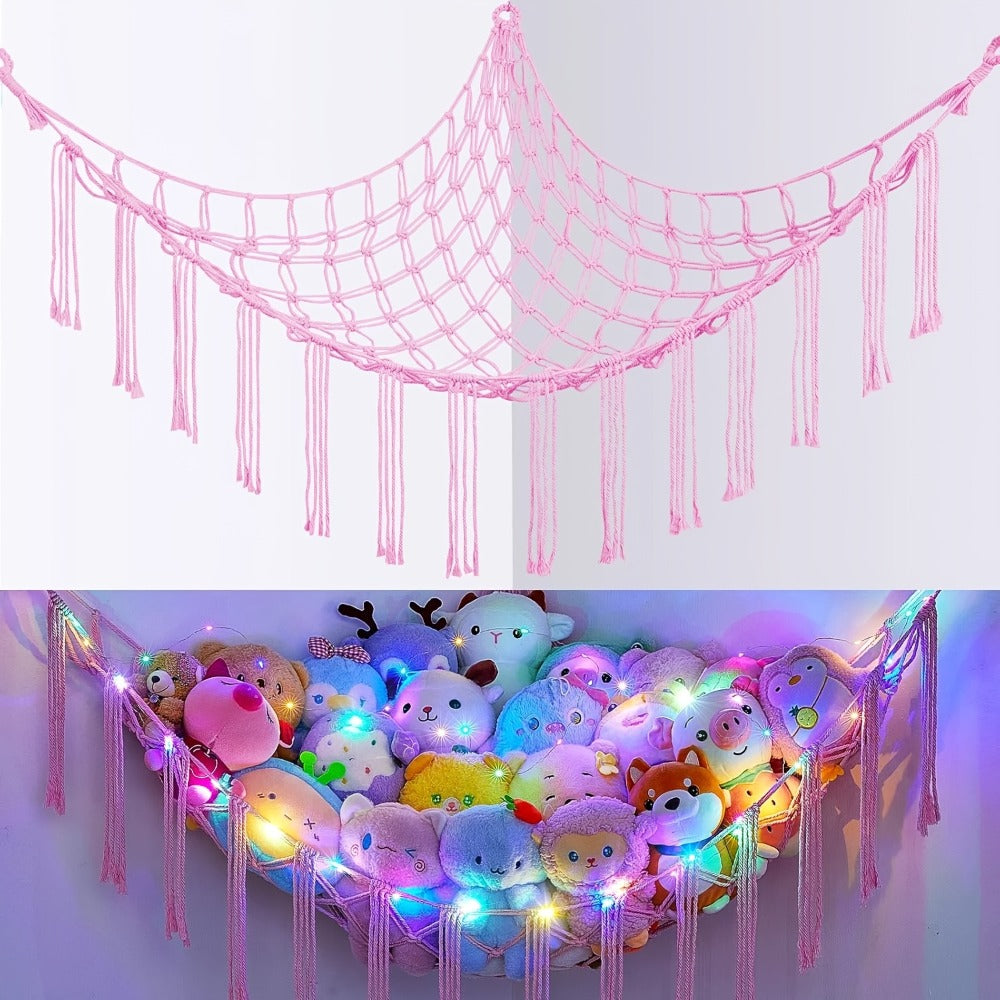 Stuffed Animal Storage Hammock with Lights Corner Hanging Toy Net Organizer for Nursery for Entryways, Bedrooms and Living Spaces