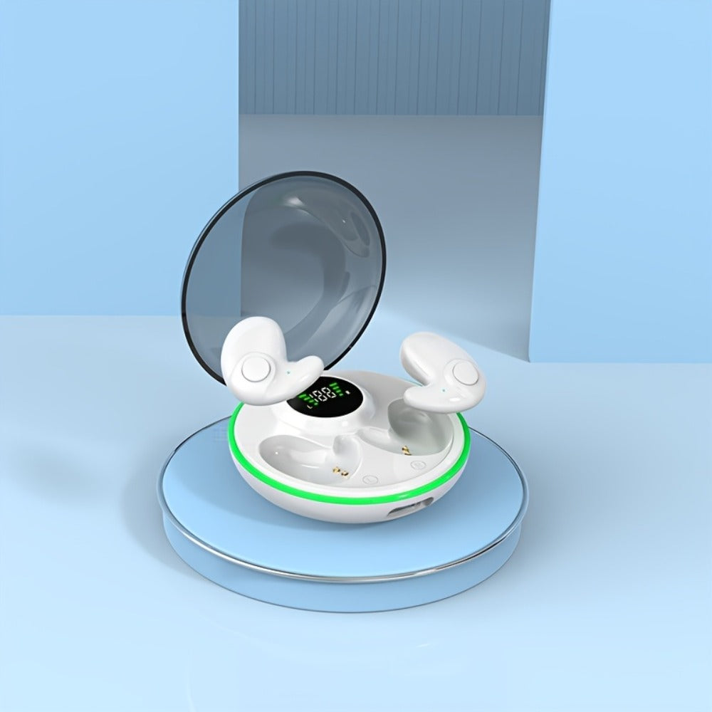 Low-Profile Round-Case Mini Sleep Earbuds with Digital Battery Display in Black, Khaki or White