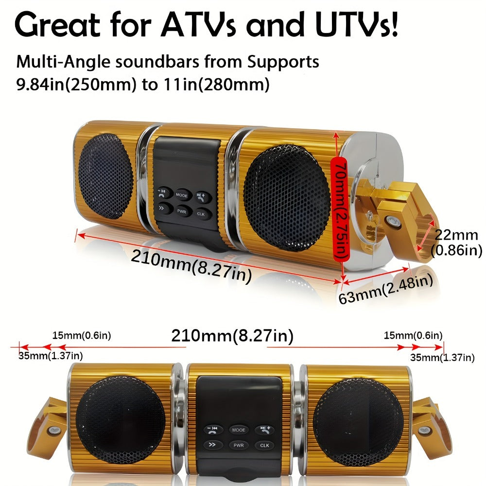 Motorcycle Bluetooth Speaker Sound Bar with Built-in Amplifier – IPX5 Waterproof, FM Radio, USB & AUX Input