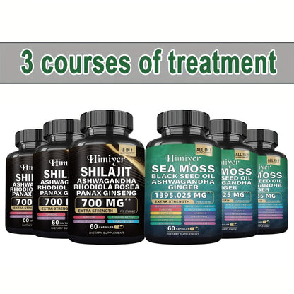 Dietary Supplement Six-Bottle Bundle with Himiyer Label, Sea Moss and Shilajit 60-Capsule Formulas
