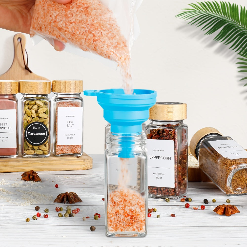 Glass Spice Jars 4oz with Bamboo Lids Labels and Collapsible Funnels Seasoning Storage for Home Cooking, Dining and Outdoor Meals
