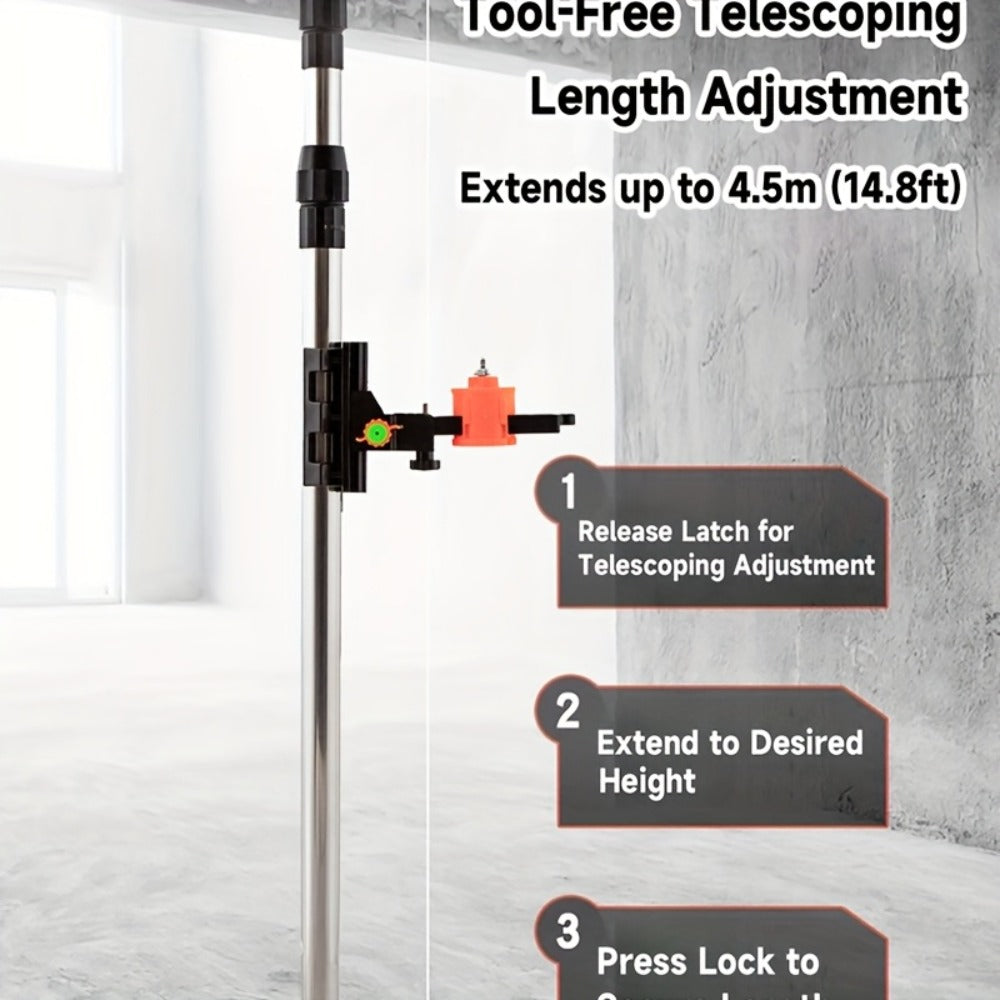 Telescoping Laser Level Pole 15.4ft / 4.7m – Adjustable Extension Rod with 1/4"-20 & 5/8"-11 Thread Mount for Rotary and Line Lasers