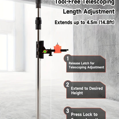 Telescoping Laser Level Pole 15.4ft / 4.7m – Adjustable Extension Rod with 1/4"-20 & 5/8"-11 Thread Mount for Rotary and Line Lasers