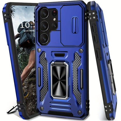 Samsung Galaxy Shockproof Magnetic Phone Case with 360° Rotating Ring Bracket & Sliding Lens Protector – Heavy Duty Cover for S24FE S23FE