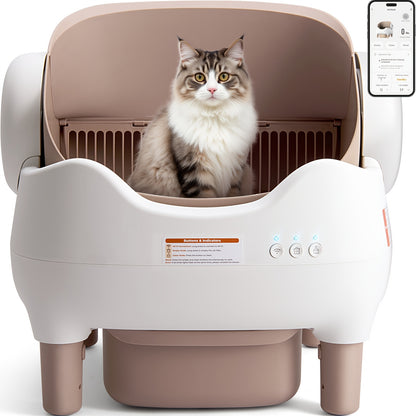 Smart Self-Cleaning Cat Litter Box – App Control, Open-Top Design, 10L Waste Bin, Ultra-Quiet <20dB, Infrared Safety Sensors