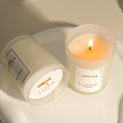 LASTAR Vanilla Scented Candle, 70g Frosted Round Glass Jar with 2.4 oz Marking and Pictured Carton