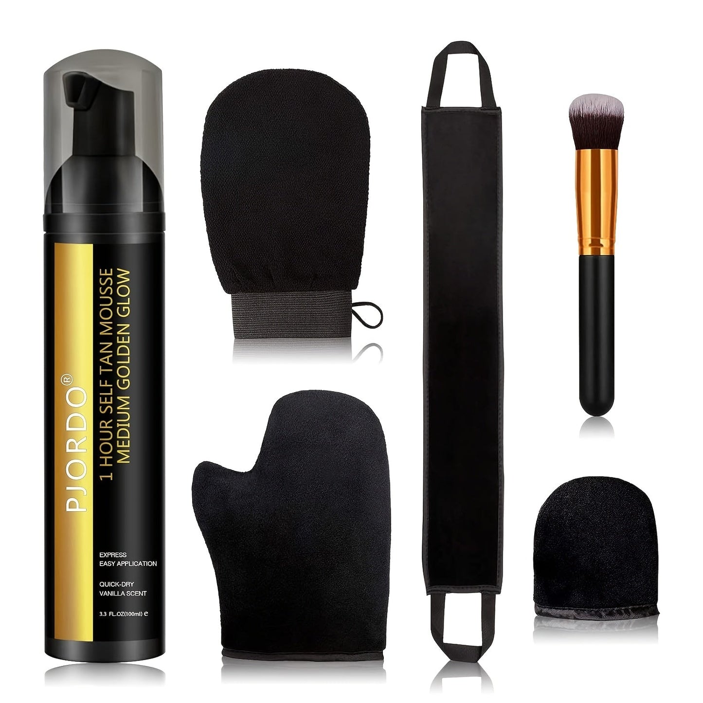 Sunless Tanning Mousse Kit 6-Piece Set with Mitt Applicator – Self Tanner Foam 1 Hour Fast Tan No Fake Smell
