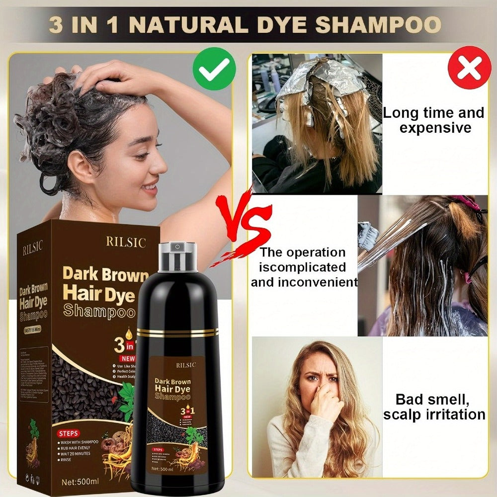 Grey Hair Dye Shampoo 3-in-1 Natural Plant-Based Herbal Formula – Non-Stick Scalp, Covers White Hair in Minutes, 500ml – Black, Dark Brown