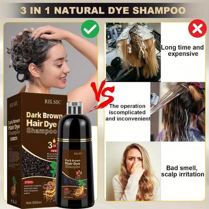 Grey Hair Dye Shampoo 3-in-1 Natural Plant-Based Herbal Formula – Non-Stick Scalp, Covers White Hair in Minutes, 500ml – Black, Dark Brown
