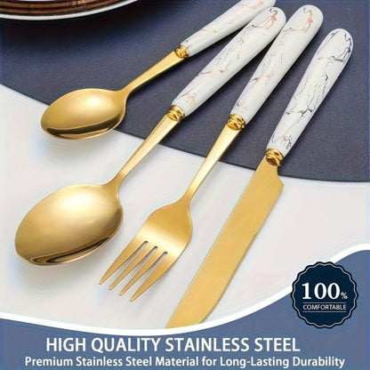 Marble Pattern Cutlery Set 24pcs – Dinner Forks Soup Spoons Teaspoons for Home Hotel Restaurant
